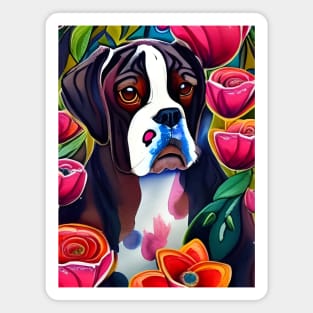 Boxer Dog Floppy Ears Puppy Whimsical Portrait Hiding in Wildflowers Secret Garden Digital Art Watercolor Painting Magnet